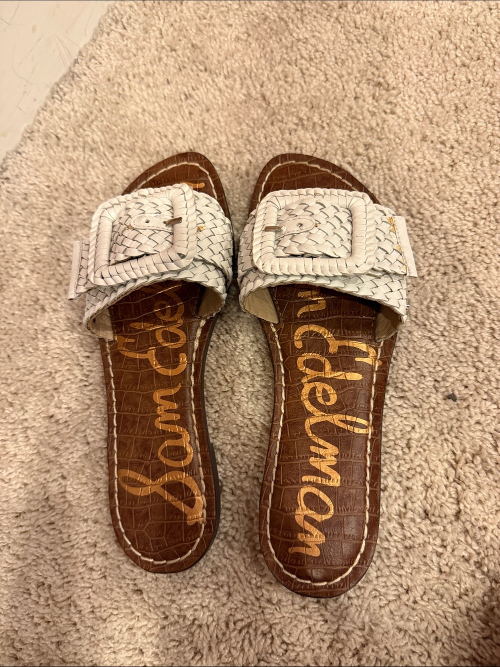 Sam Edelman White Woven Buckle Slide Sandals with Brown Footbed size 36